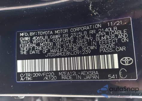 2022 Toyota Corolla Se из США, поврежденный, VIN JTDS4MCE8NJ091239